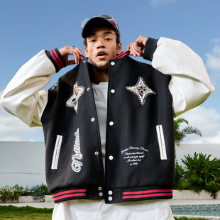 Nuthink美式 潮牌珍珠蕾丝刺绣棒球服夹克拼接外套男女2025冬新款