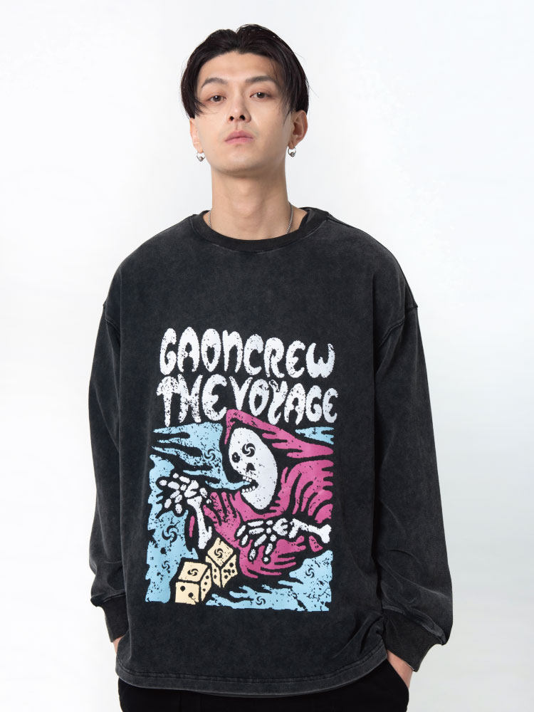 GAONCREW集聚现象 重磅蜡洗破坏骷髅主题印花圆领长袖tee明星同款