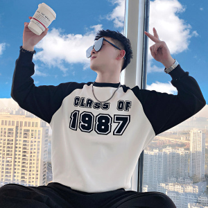 春秋季卫衣男ins潮牌撞色长袖T恤2023新款男装上衣痞帅百搭外套潮