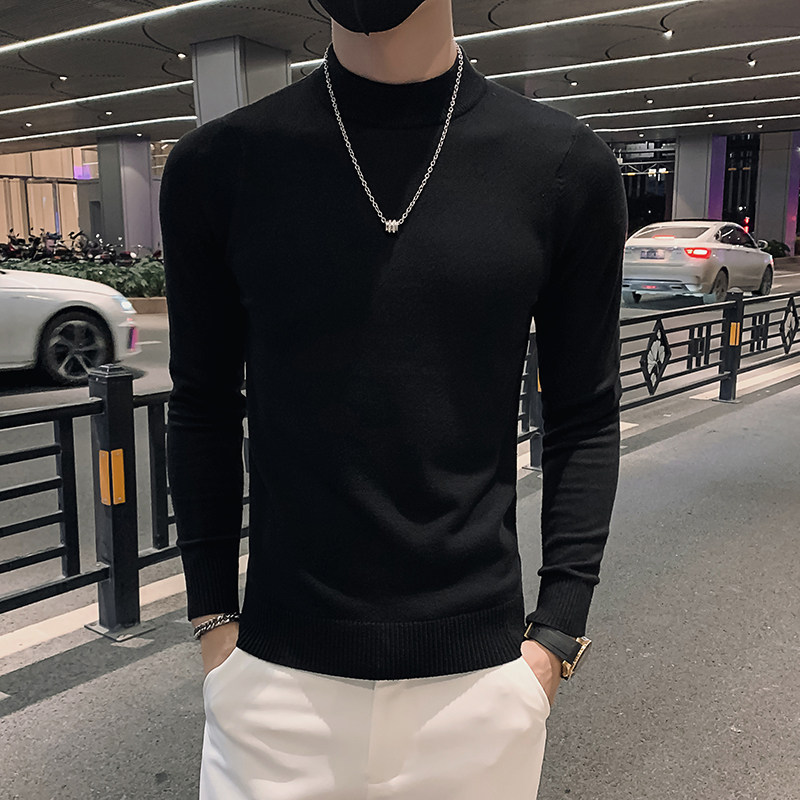 冬季男毛衣针织衫时尚休闲ins打底衫修身套头潮流纯色半高领体恤
