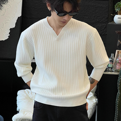 毛衣秋季韩版休闲宽松简约纯色V领设计感老钱风针织衫上衣厚毛衣