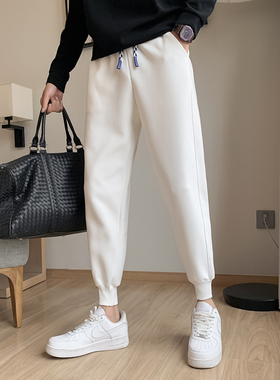 冬季纯色卫裤白色加绒厚裤子2024新款男裤痞帅ins束脚休闲运动裤