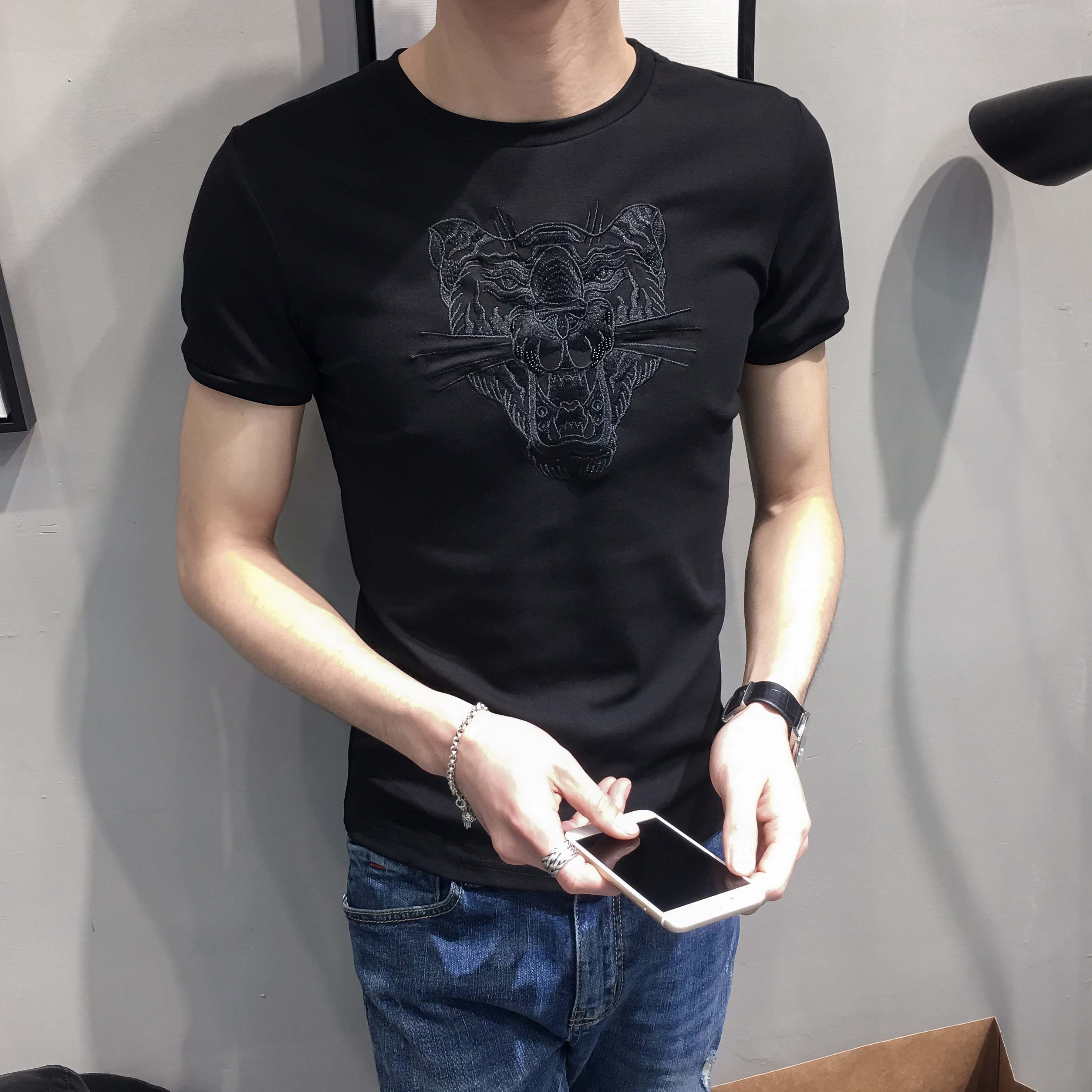 精神小伙短袖男潮牌t恤韩版修身半袖老虎头刺绣夏天衣服潮流新款