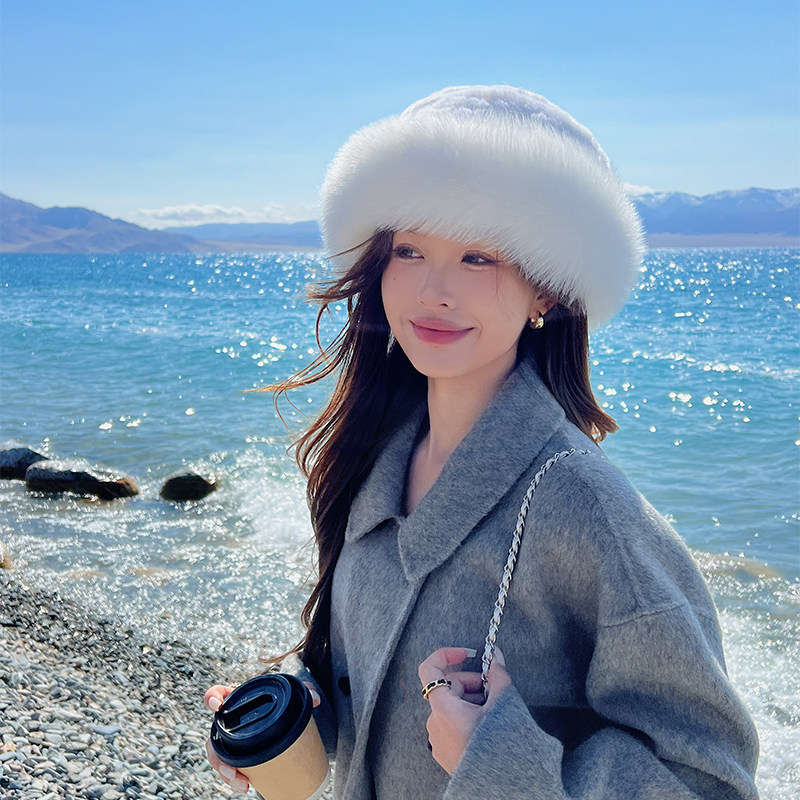 皮草帽子渔夫帽冬韩版女士冬季新款獭兔毛编织配狐狸毛边保暖帽潮