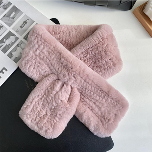 韩版 加厚保暖围巾女士百搭双面纯色交叉毛毛领 真獭兔毛围脖秋冬季