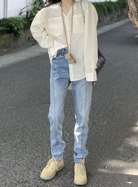 [BELLEVUE]DTHEREAL21SS春夏新款褶皱裤显瘦高腰小众长款牛仔裤女