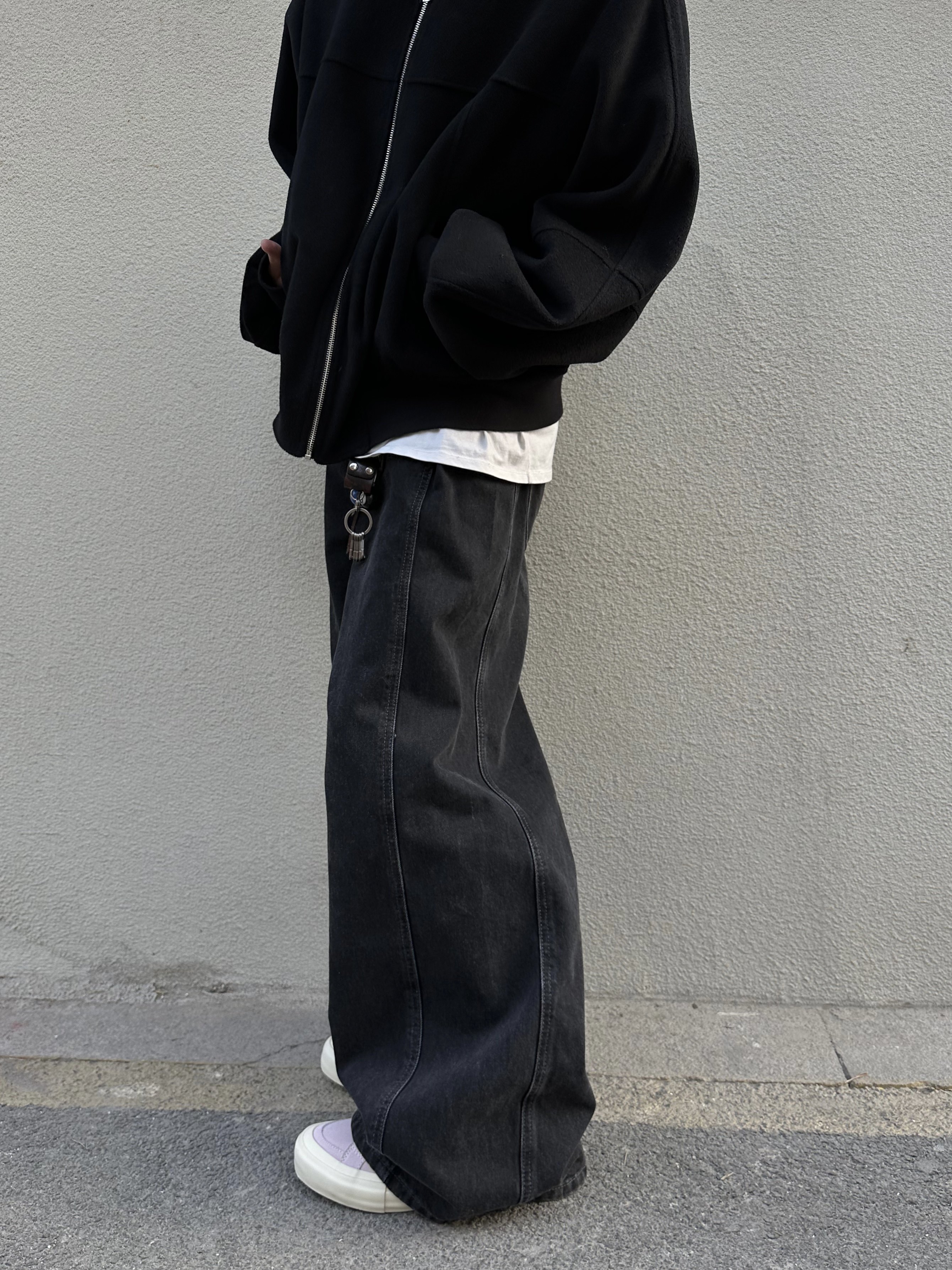 cleanfit拼接洗水黑色阔腿牛仔裤