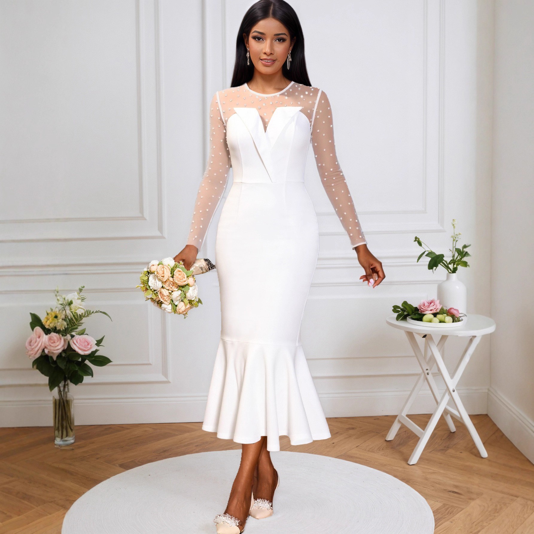 欧美宴会礼服优雅钉珠长袖新娘礼服显瘦派对连衣裙formal dresses