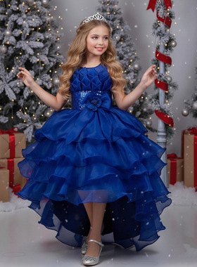 3-12Y kids white gown girls birthday party dress表演服礼服裙