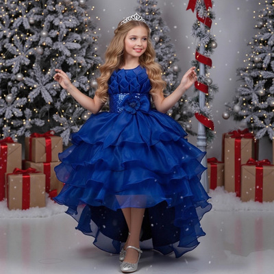 3-12Y kids white gown girls birthday party dress表演服礼服裙