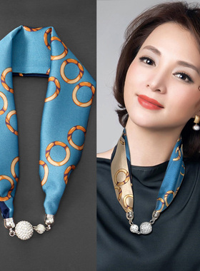 磁扣丝巾夏项链懒人围巾吊坠薄款围脖发带护颈锁骨珍珠小领巾长条