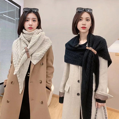 秋冬季皮扣韩版女三角围巾保暖