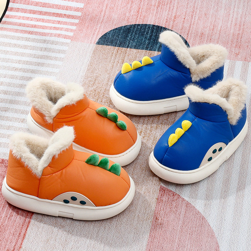 男童男孩防滑加厚绒保暖外穿防水儿童棉拖鞋冬季包跟棉鞋可爱恐龙