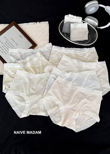 NAIVE MADAM花仙子罗纹内裤女 中腰蕾丝抗菌裆少女舒适透气三角裤