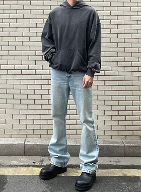 VLABMADE 冰蓝色水洗复古猫须裤脚磨破微喇叭牛仔裤 vintage 517