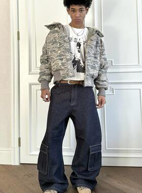 VLABMADE 复古原色水洗弯刀廓形立体剪裁阔腿微喇原牛工装牛仔裤