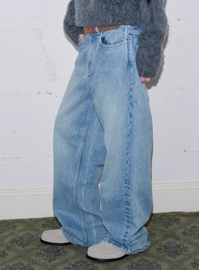 VLABMADE 纯净冰蓝雪花水洗骨位做旧*宽松A字直筒百搭素色牛仔裤