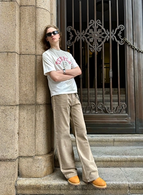 VLABMADE 复古美拉德色树脂压皱立体猫须2021m宽松阔腿微喇牛仔裤