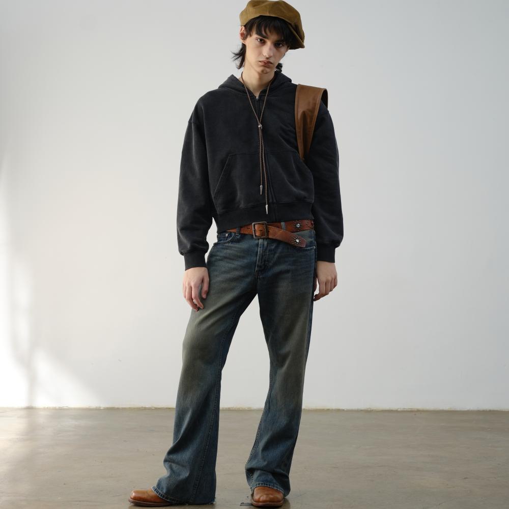 VLABMADE锈渍泥染微喇靴型牛仔裤