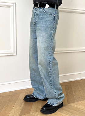VLABMADE 浅蓝水洗磨白做旧猫须高街直筒高腰宽松廓形老爹牛仔裤