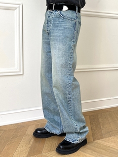 VLABMADE 浅蓝水洗磨白做旧猫须高街直筒高腰宽松廓形老爹牛仔裤