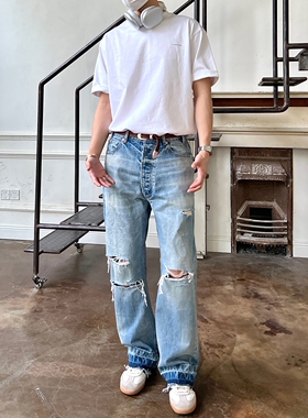 VLABMADE 日本冈山赤耳冰蓝水洗Wesley刀割破洞拆裤脚直筒牛仔裤