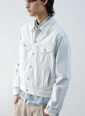 VLABMADE *白面蓝纱*定织面料做旧刀割短宽廓形重磅高盎白牛夹克