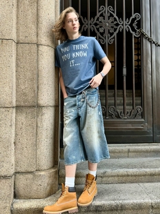 Fit做旧泼墨A字阔腿宽松七分牛仔中裤 VLABMADE 泥染脏洗蓝Dirty