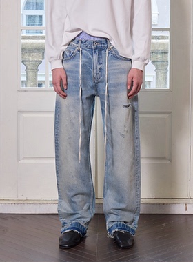 VLABMADE Wesley拆裤脚破坏毛须奶油冰蓝水洗复古宽松直筒牛仔裤