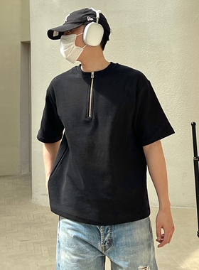 VLABMADE 高密全棉华夫格基础纯色半拉链YKK宽松T恤短袖300g重磅