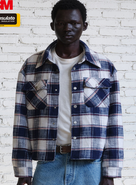 VLABMADE 磨毛蓝白格纹衬衫棉服*3M新雪丽棉绗缝短阔版型纽扣外套