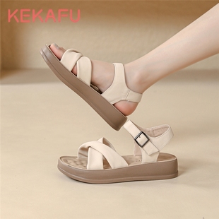 一字扣带软皮舒适百搭沙滩鞋 珂卡芙凉鞋 厚底松糕鞋 新款 女2024夏季