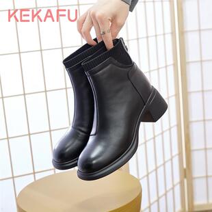 珂卡芙时装短靴2024冬季新款加绒粗跟英伦风后拉链切尔西靴瘦瘦靴