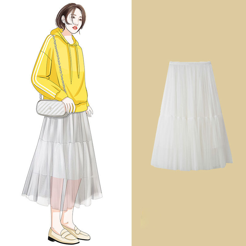 。2020新款中长款蓬蓬裙女春夏高腰拼接百褶网纱半身裙大摆裙子学