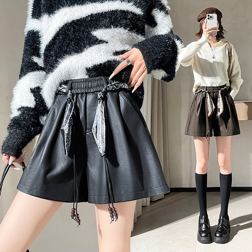 复古气质PU皮阔腿短裤女2025秋季新款丝巾配件高腰小个子休闲皮裤