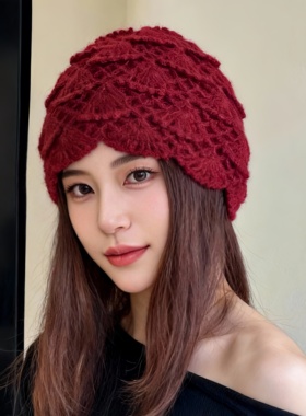 小众钩织镂空花边包头帽气质网红针织套头毛线帽复古帽子女时尚