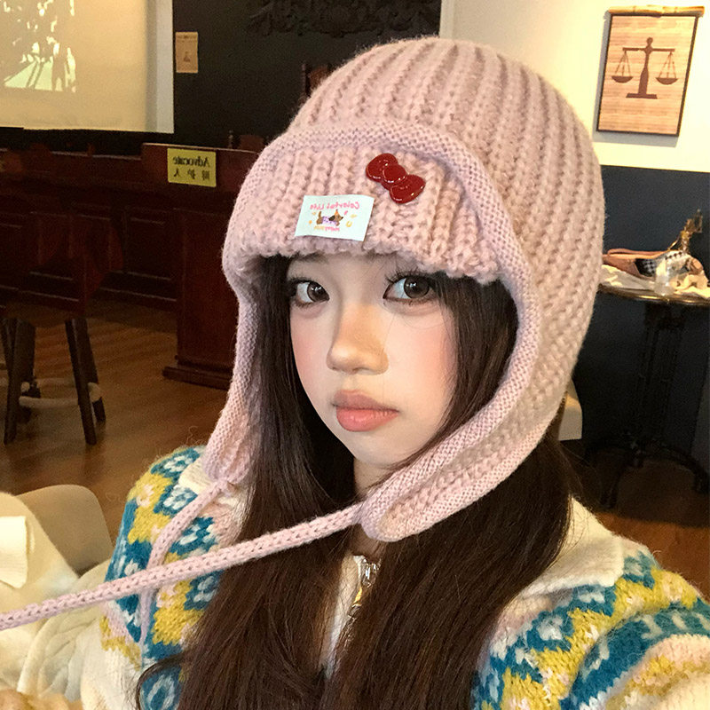 日系可爱粉色针织帽女秋冬季保暖护耳帽毛线帽百搭显脸小雷锋帽子