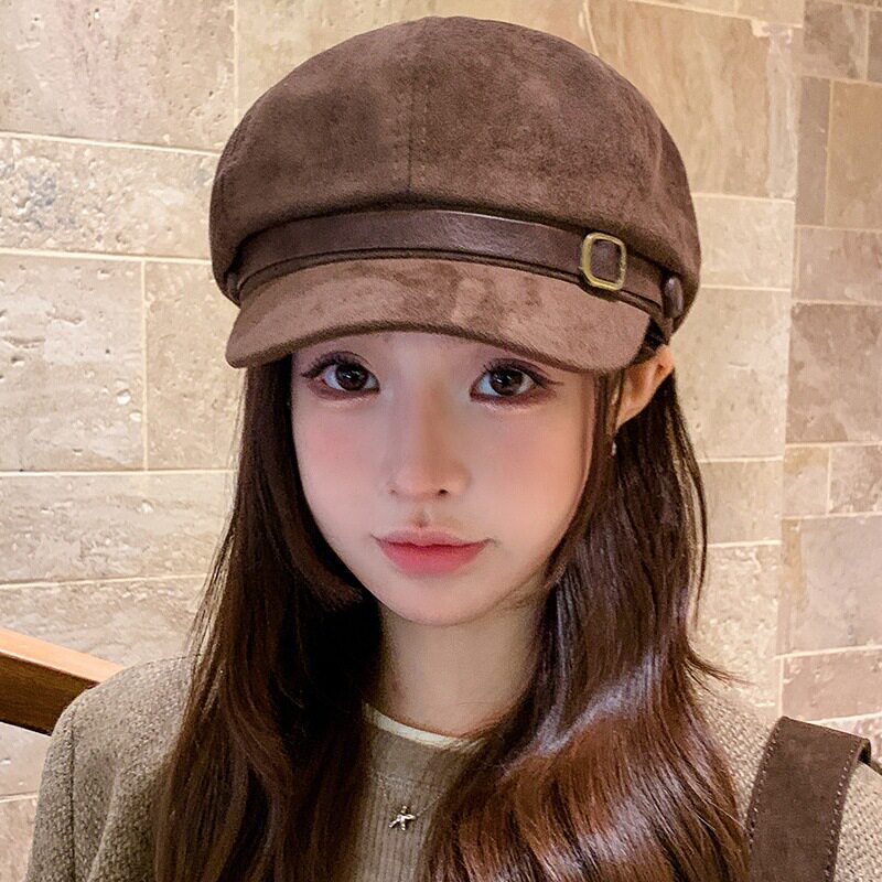 帽子女秋冬高级感麂皮绒八角帽复古英伦画家帽显脸小鸭舌贝雷帽