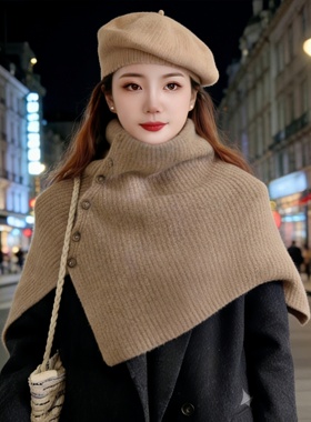 披肩冬季加厚新款时髦保暖韩系围巾斗篷纽扣毛线针织外搭高领围脖