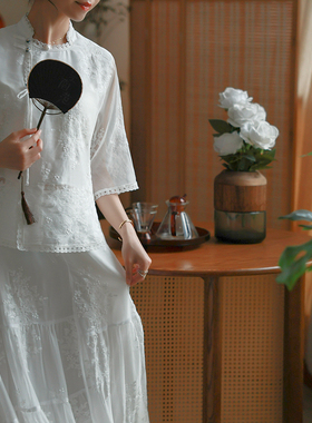 江南范新中式白色蕾丝国风改良汉服上衣夏七分袖高级感茶服小衫