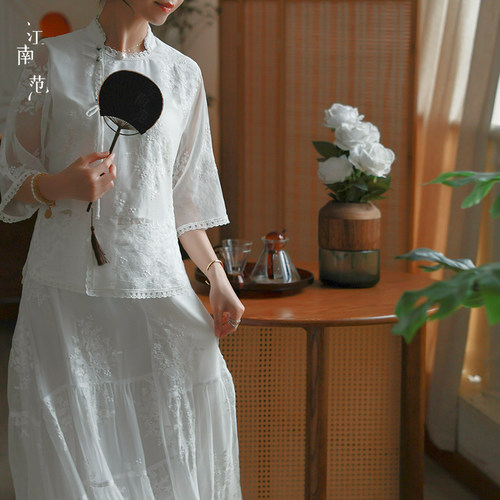 江南范新中式白色蕾丝国风改良汉服上衣夏七分袖高级感茶服小衫
