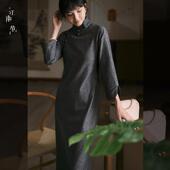 复古旗袍裙日常可穿 江南范藏咖条纹民国风2024秋冬教师学生改良版