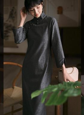 江南范藏咖条纹民国风2024秋冬教师学生改良版复古旗袍裙日常可穿