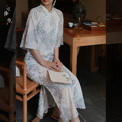 江南范新中式绣花改良旗袍女七分倒大袖花色长裙气质显瘦日常