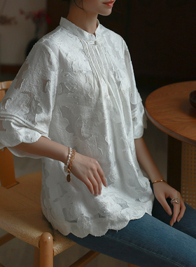 江南范轻中式复古改良唐装上衣夏年轻款白色半袖宽松百搭立领小衫