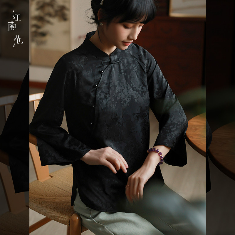 江南范黑色提花改良复古旗袍上衣夏七分袖新式国风高级感茶服小衫