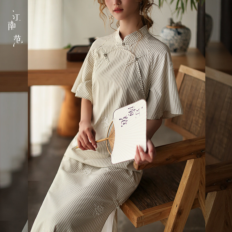 江南范复古改良旗袍女夏新中式条纹短袖日常气质民国风连衣裙年轻