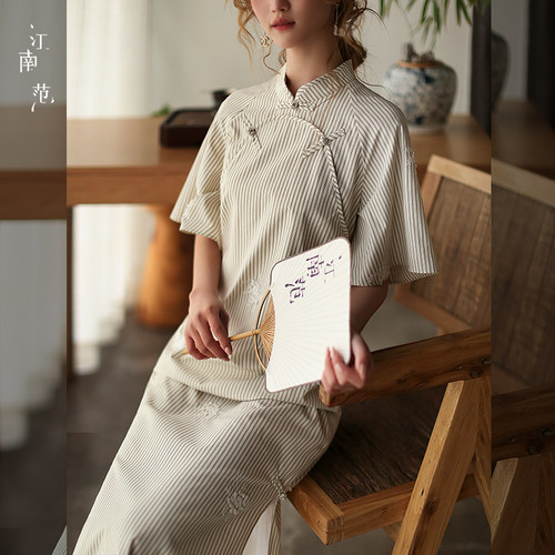 江南范复古改良旗袍女夏新中式条纹短袖日常气质民国风连衣裙年轻