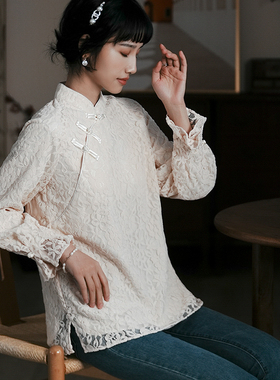 江南范新式植绒蕾丝改良版旗袍汉服上衣白色年轻款茶服小衫百搭