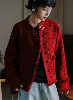 江南范红色唐装中式服装上衣2024秋冬小香风外套拜年圣诞年会订婚